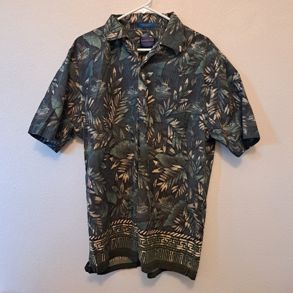 Pendleton Mens Large Nautical Tropical Fishing Boat Cotton Rayon Button Up Shirt